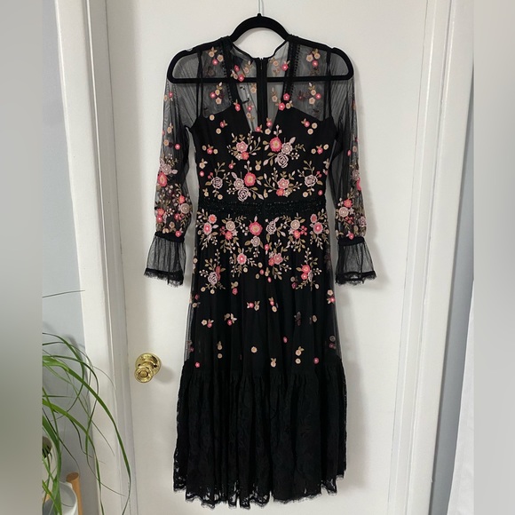 French Connection Eve midi dress with embroidery and mesh detailing in black - Picture 9 of 11